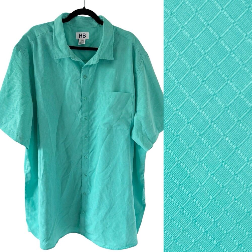 HB Harbor Bay Shirt Men 3XLT Teal Green Comfort Grid Texture Check Short Sleeve